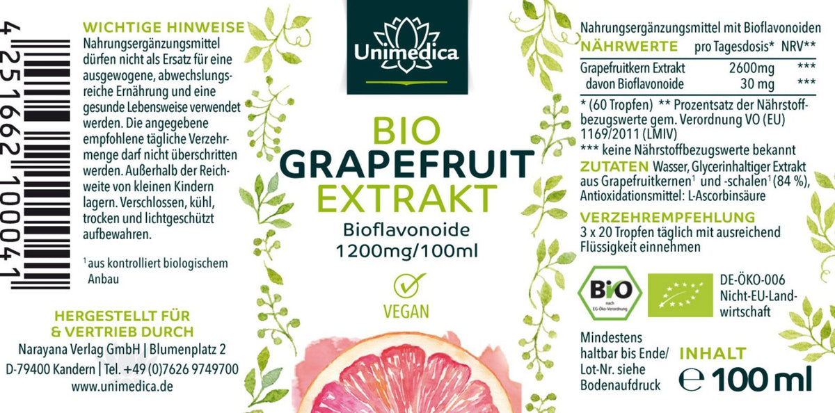 Bio Grapefruitkernextrakt - 2600 mg pro Tagesdosis (3 x 20 Tropfen) - 100 ml - Nahrungsergänzung - Unimedica - Kornkammer Natur - Etikett