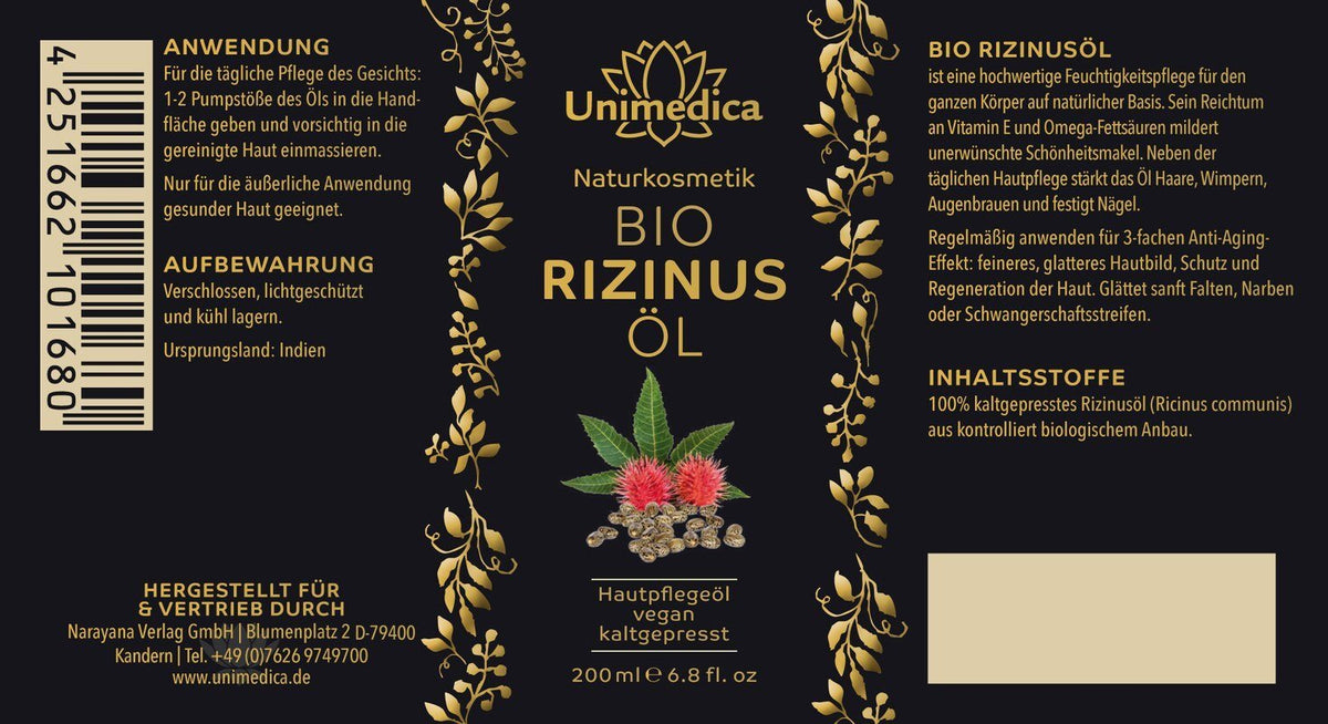 Bio Rizinusöl - 200 ml - von Unimedica - Naturkosmetik Unimedica Kornkammer Natur Etikett