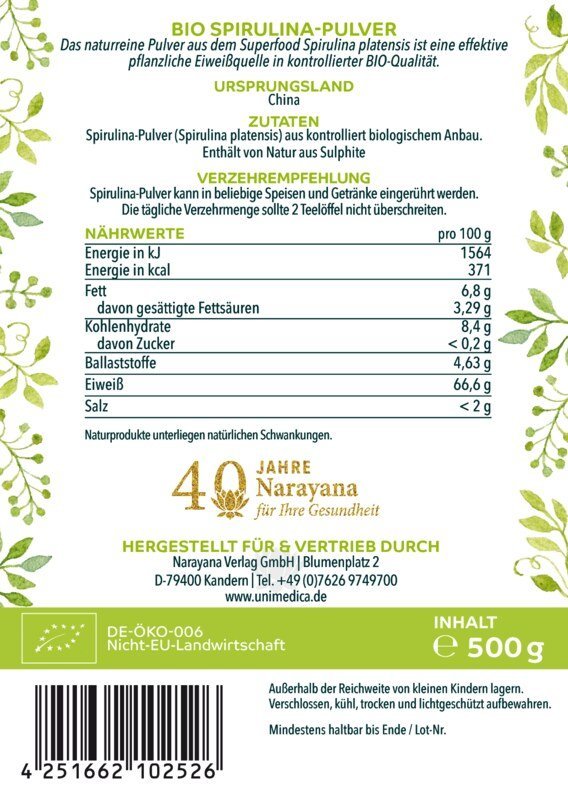 Bio Spirulina Pulver - 500 g - proteinreich - Nahrungsergänzung Unimedica Kornkammer Natur