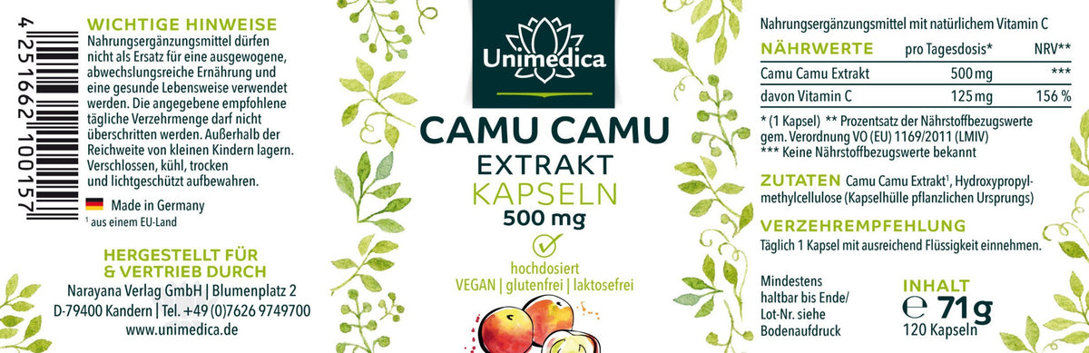 Camu Camu Extrakt - 500 mg - 120 Kapseln - Nahrungsergänzung Unimedica Kornkammer Natur
