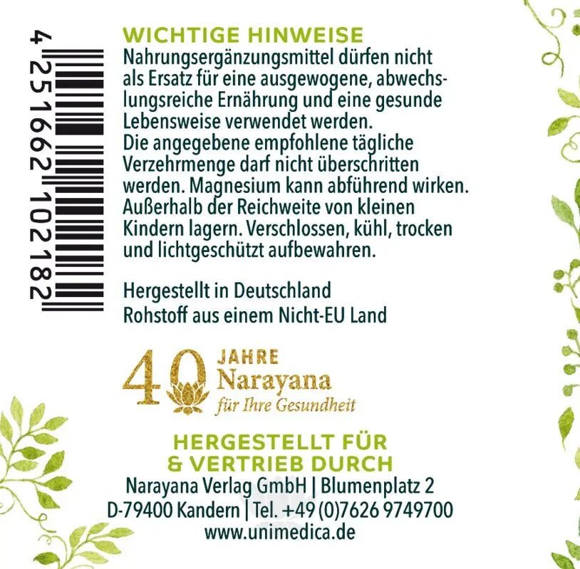 Magnesiumglycinat - 300 mg Magnesium 180 Kapseln - Nahrungsergänzung Unimedica Kornkammer Natur