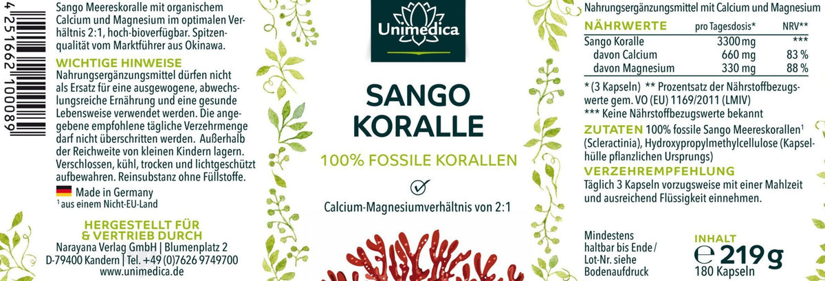 Sango Koralle - 100 % fossile Korallen aus Okinawa/Japan - (Calcium und Magnesium) - 180 Kapseln Nahrungsergänzung Unimedica