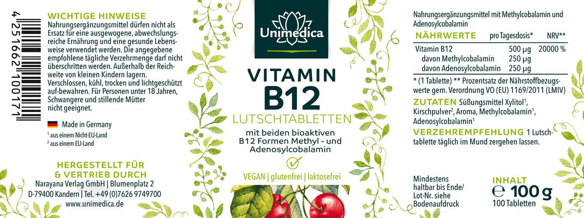Vitamin B12 - 500 µg pro Tagesdosis 100 Lutschtabletten - NahrungsergänzungUnimedica Kornkammer Natur