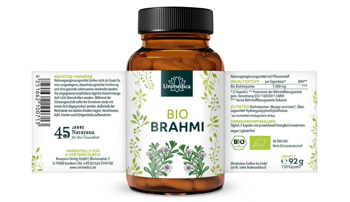 Bio Brahmi - 1.000 mg pro Tagesdosis (2 Kapseln) - 150 Kapseln - Nahrungsergänzung - Unimedica -Kornkammer Natur - Etikett