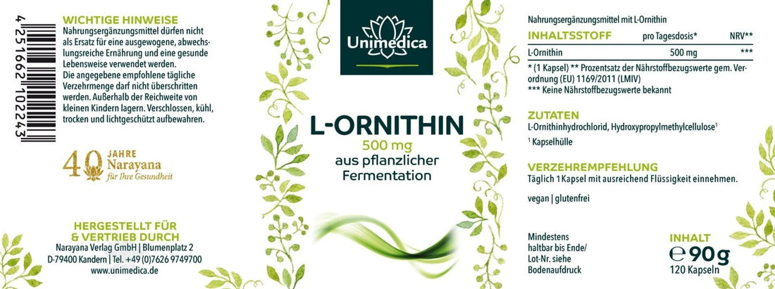 L - Ornithin - 500 mg pro Tagesdosis - 120 Kapseln - Nahrungsergänzung - Unimedica - Kornkammer Natur