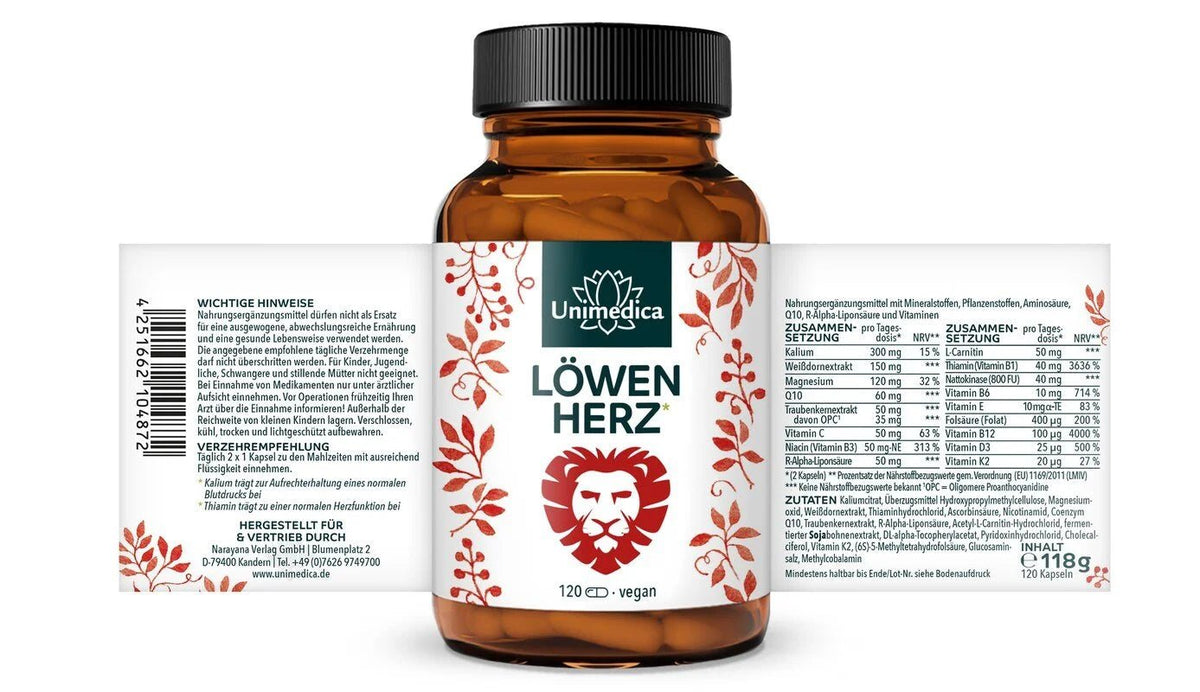 Löwenherz* - Komplex mit Kalium, Weißdornextrakt, OPC, Q10, Thiamin - 120 Kapseln - NahrungsergänzungUnimedica Kornkammer Natur