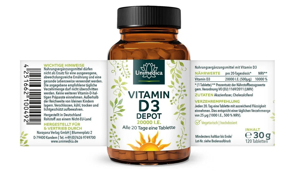 Vitamin D3 Depot 20.000 I.E. - Nahrungsergänzung Unimedica -Kornkammer Natur - Etikett