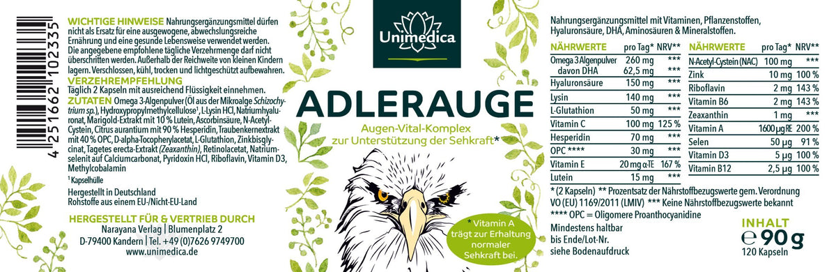 Adlerauge - 120 Kapseln - von Unimedica - Nahrungsergänzung Unimedica Kornkammer Natur