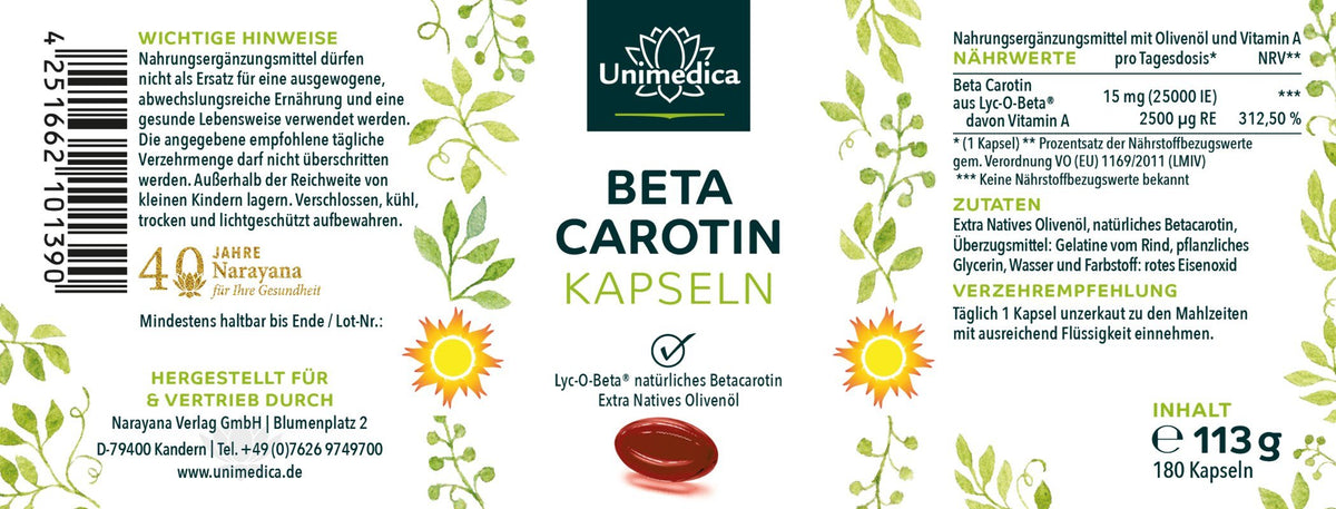 Beta Carotin - aus Lyc - O - Beta® - 15 mg - 25.000 IE pro Tagesdosis - 180 Softgelkapseln - Nahrungsergänzung -Unimedica Kornkammer Natur