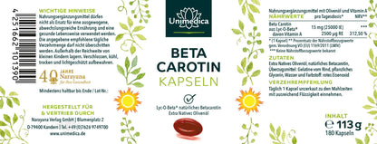 Beta Carotin - aus Lyc - O - Beta® - 15 mg - 25.000 IE pro Tagesdosis - 180 Softgelkapseln - Nahrungsergänzung -Unimedica Kornkammer Natur