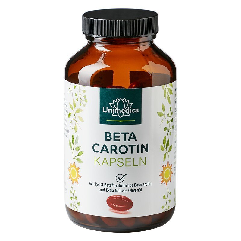 Beta Carotin - aus Lyc - O - Beta® - 15 mg - 25.000 IE pro Tagesdosis - 180 Softgelkapseln - Nahrungsergänzung - Unimedica Kornkammer Natur
