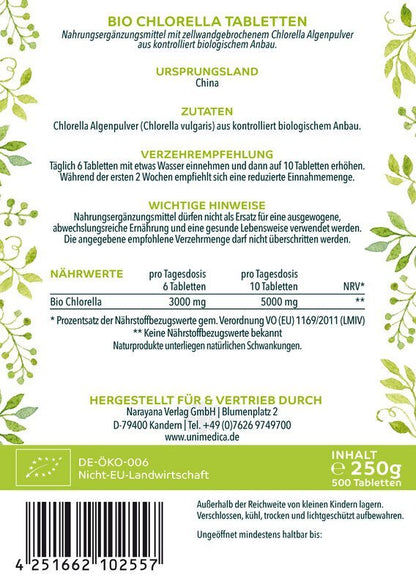 Chlorella Bio 500 Tabletten - mit je 500 mg reinem Chlorella Pulver - laborgeprüft und naturrein 250g - Nahrungsergänzung