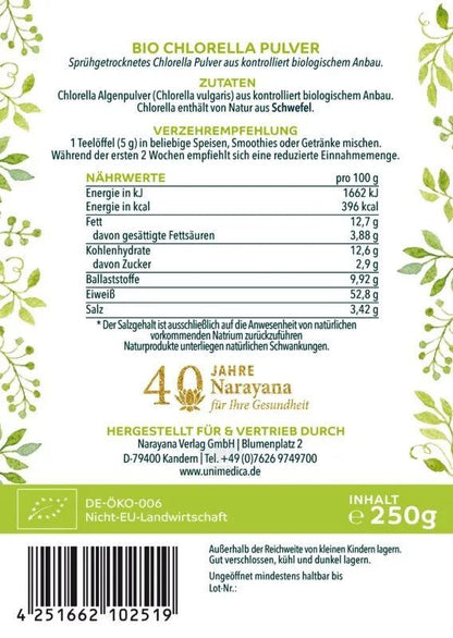 Chlorella Pulver Bio - laborgeprüft und naturrein 250g - Nahrungsergänzung Unimedica Kornkammer Natur