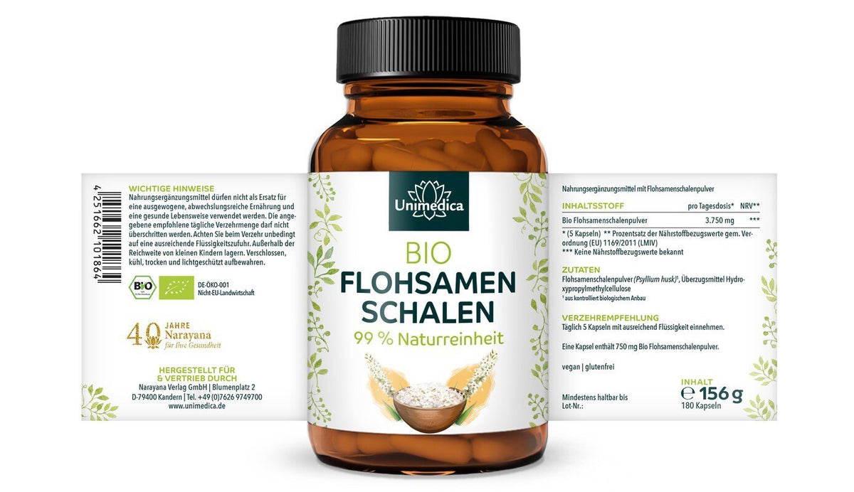 Bio Flohsamenschalen - 3.750 mg pro Tagesdosis (5 Kapseln) - 180 Kapseln - NahrungsergänzungUnimedica Kornkammer Natur