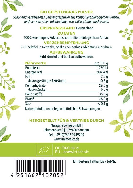 Gerstengras Pulver Bio - Nahrungsergänzung Unimedica Kornkammer Natur