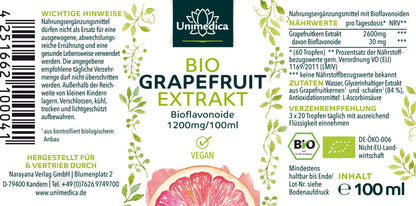 Bio Grapefruitkernextrakt - 2600 mg pro Tagesdosis (3 x 20 Tropfen) - 100 ml - Nahrungsergänzung - Unimedica - Kornkammer Natur - Etikett
