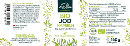 Bio Jod Kapseln - 150 µg natürliches Jod aus Kelp Braunalgen - 365 Kapseln - NahrungsergänzungUnimedica Kornkammer Natur