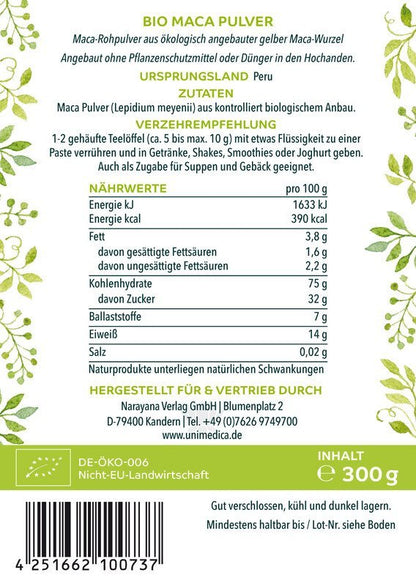Bio Maca Pulver - Rohpulver - 300 g - Nahrungsergänzung Unimedica Kornkammer Natur