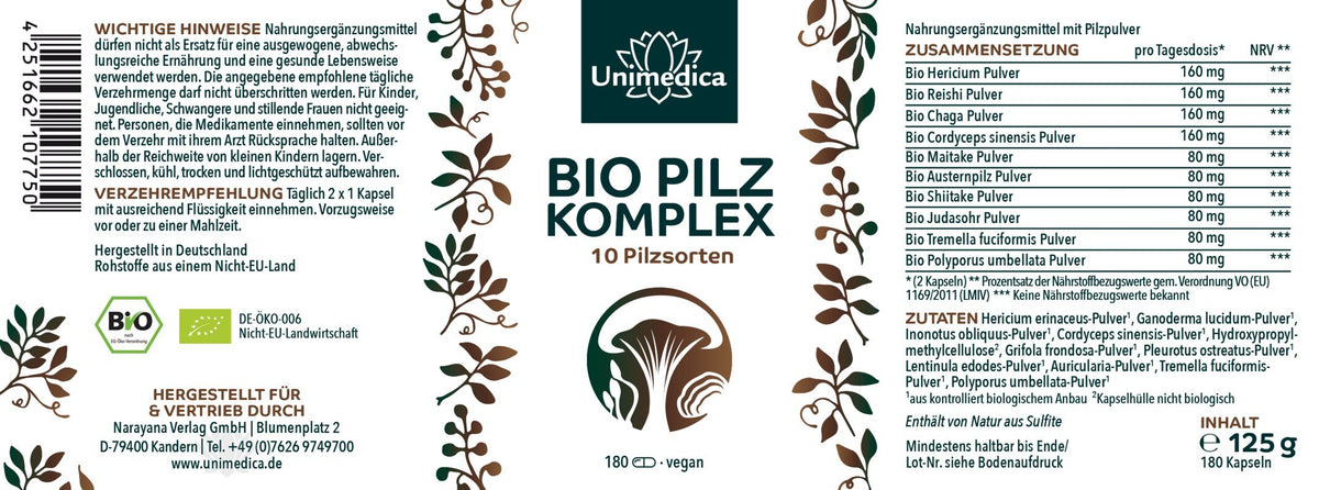 Bio Pilz Komplex - 10 Vitalpilze mit Cordyceps, Reishi, Hericium - 180 Kapseln - NahrungsergänzungUnimedica Kornkammer Natur