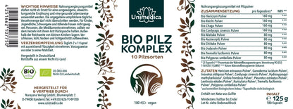 Bio Pilz Komplex - 10 Vitalpilze mit Cordyceps, Reishi, Hericium - 180 Kapseln - NahrungsergänzungUnimedica Kornkammer Natur