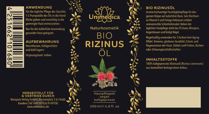 Bio Rizinusöl - 200 ml - von Unimedica - Naturkosmetik Unimedica Kornkammer Natur Etikett