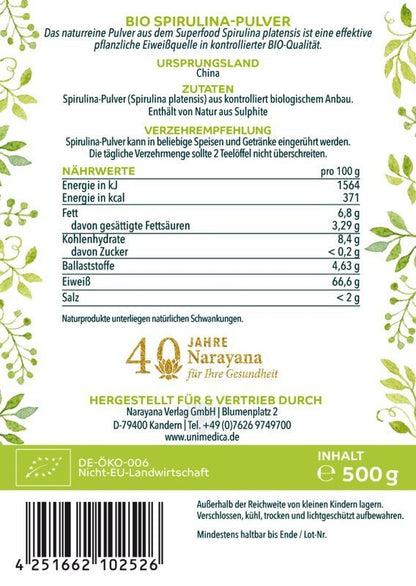 Bio Spirulina Pulver - 500 g - proteinreich - Nahrungsergänzung Unimedica Kornkammer Natur