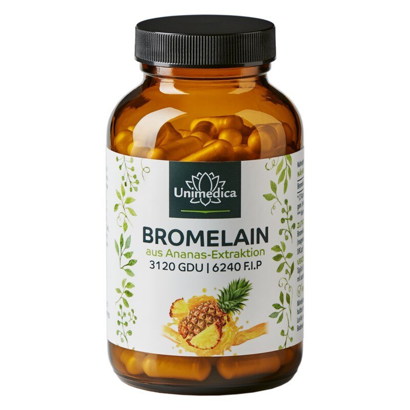 Bromelain - 1040 mg und 3.120 GDU | 6.240 F.I.P. pro Tagesdosis (2 Kapseln) - mit magensaftresistenten DR® Caps - 120 Kapseln - Nahrungsergänzung - Unimedica Kornkammer Natur