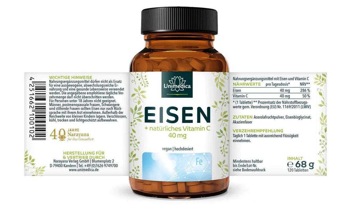 Eisen - Bisglycinat – 40 mg chelatiertes Eisen + Vitamin C aus Acerola | hochdosiert, vegan - Etikett Unimedica
