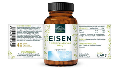Eisen - Bisglycinat – 40 mg chelatiertes Eisen + Vitamin C aus Acerola | hochdosiert, vegan - Etikett Unimedica