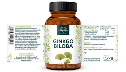 Ginkgo Biloba - 75 mg pro Tagesdosis - 360 Tabletten - NahrungsergänzungUnimedica Kornkammer Natur
