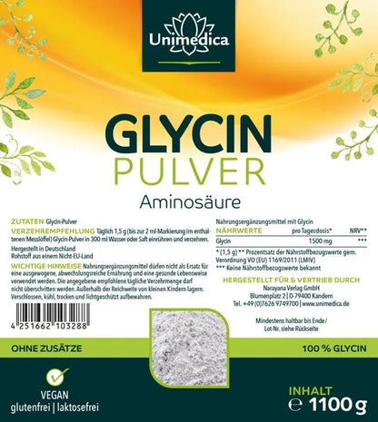 Glycin Pulver - Aminosäure - 1.500 mg pro Tagesdosis - 1100 g - Nahrungsergänzung Unimedica Kornkammer Natur
