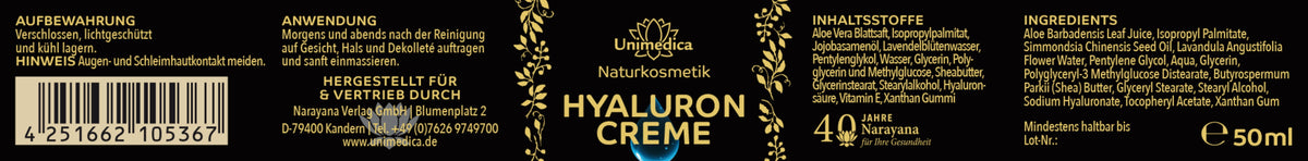 Hyaluron Creme - mit Aloe vera - Blattsaft, Hyaluronsäure und Lavendel - 50 ml - CremeUnimedica Kornkammer Natur