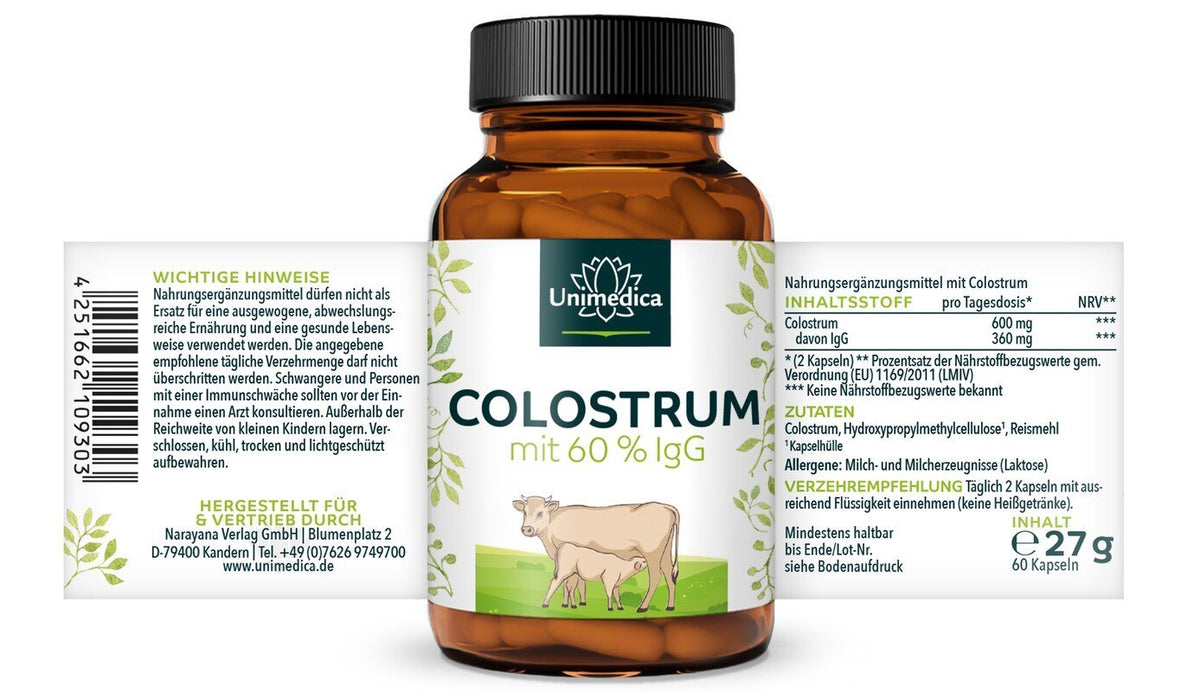 Kolostrum - 600 mg pro Tagesdosis (2 Kapseln) - mit 60 % IgG - 60 Kapseln - NahrungsergänzungUnimedica Kornkammer Natur