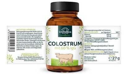 Kolostrum - 600 mg pro Tagesdosis (2 Kapseln) - mit 60 % IgG - 60 Kapseln - NahrungsergänzungUnimedica Kornkammer Natur