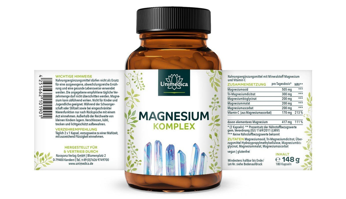 Magnesium Komplex - 417 mg elementares Magnesium pro Tagesdosis - 180 Kapseln - Nahrungsergänzung Unimedica Etikett