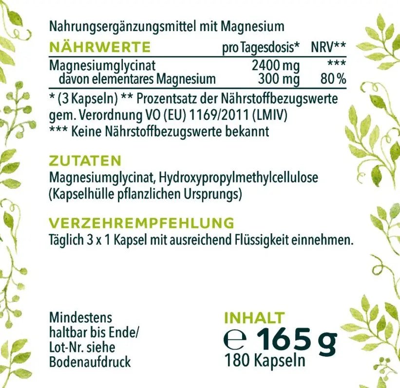 Magnesiumglycinat - 300 mg Magnesium 180 Kapseln - Nahrungsergänzung Unimedica Kornkammer Natur