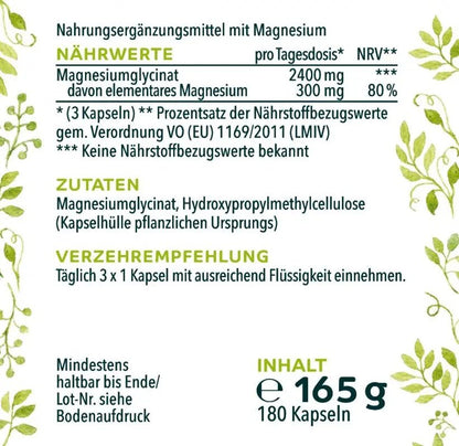 Magnesiumglycinat - 300 mg Magnesium 180 Kapseln - Nahrungsergänzung Unimedica Kornkammer Natur