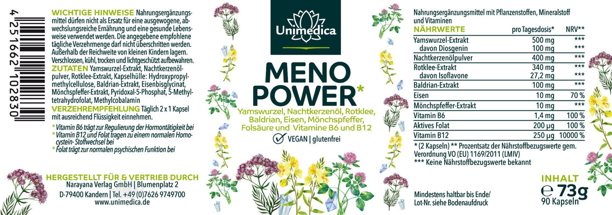 Menopower* - Komplex mit Yamswurzel, Nachtkerzenöl, Eisen und B - Vitaminen - 90 Kapseln - Etikett Unimedica