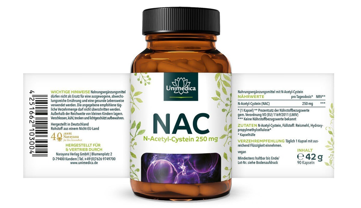 NAC - 250 mg pro Tagesdosis - N - Acetyl - Cystein aus natürlicher Fermentation - 90 Kapseln - NahrungsergänzungUnimedica Kornkammer Natur