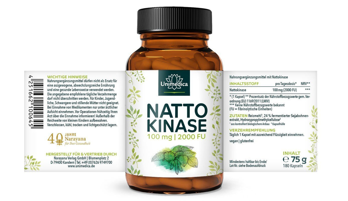 Nattokinase - 100 mg / 2000 FU pro Tagesdosis - Nahrungsergänzung Unimedica Kornkammer Natur