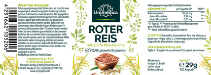 Roter Reis - Rotschimmelreis aus natürlicher Fermentation mit 2,51mg Monacolin K - 120 Kapseln - Nahrungsergänzung Unimedica