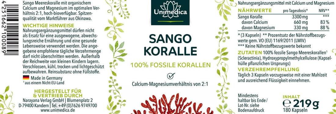 Sango Koralle - 100 % fossile Korallen aus Okinawa/Japan - (Calcium und Magnesium) - 180 Kapseln Nahrungsergänzung Unimedica