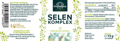Selen Komplex - 200 μg pro Tagesdosis - hochdosiert - NahrungsergänzungUnimedica Kornkammer Natur