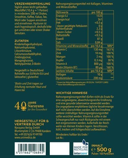 Uniglow Beauty Kollagen - Komplex (aus Grasfütterung) + Vitamin C, Biotin und Zink - 500 g Pulver - Nahrungsergänzung Unimedica Etikett