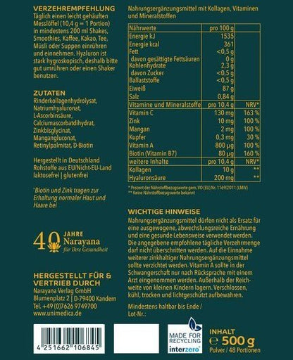 Uniglow Beauty Kollagen - Komplex (aus Grasfütterung) + Vitamin C, Biotin und Zink - 500 g Pulver - Nahrungsergänzung Unimedica Etikett