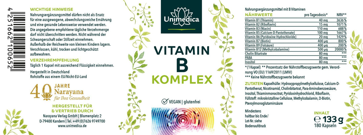 Vitamin B Komplex - hochdosiert - 180 Kapseln - NahrungsergänzungUnimedica Kornkammer Natur