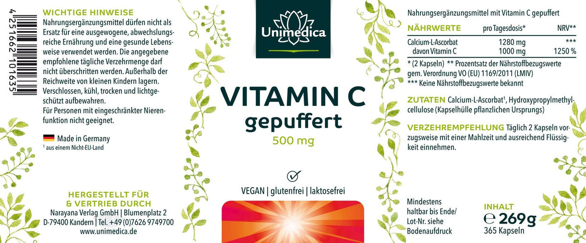 Vitamin C gepuffert - 1.000 mg pro Tagesdosis (2 Kapseln) - 99 % Reinheit - 365 Kapseln - NahrungsergänzungUnimedica Kornkammer Natur