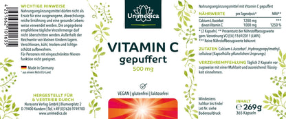 Vitamin C gepuffert - 1.000 mg pro Tagesdosis (2 Kapseln) - 99 % Reinheit - 365 Kapseln - NahrungsergänzungUnimedica Kornkammer Natur