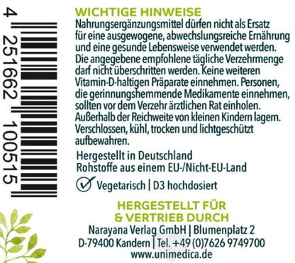 Vitamin D3 / K2 MK7 All - trans Depot - D3 20.000 I.E. 500µg / K2 200 µg (1 Tablette) - 180 Tabletten - NahrungsergänzungUnimedica Kornkammer Natur