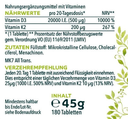 Vitamin D3 / K2 MK7 All - trans Depot - D3 20.000 I.E. 500µg / K2 200 µg (1 Tablette) - 180 Tabletten - NahrungsergänzungUnimedica Kornkammer Natur